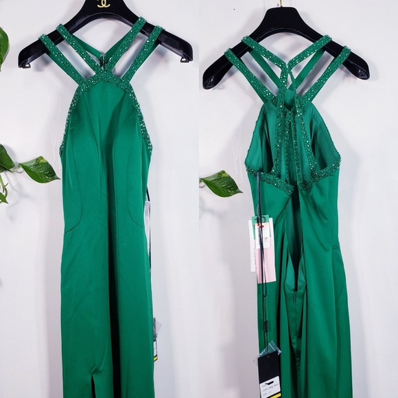 NWT LA FEMME High Halter Beaded Sheath Satin Gown - Picture 4 of 12